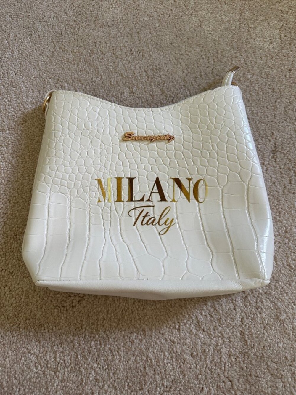 Sunnycity Milano Italy White Faux Croc Shoulder Bag With Gold Accents